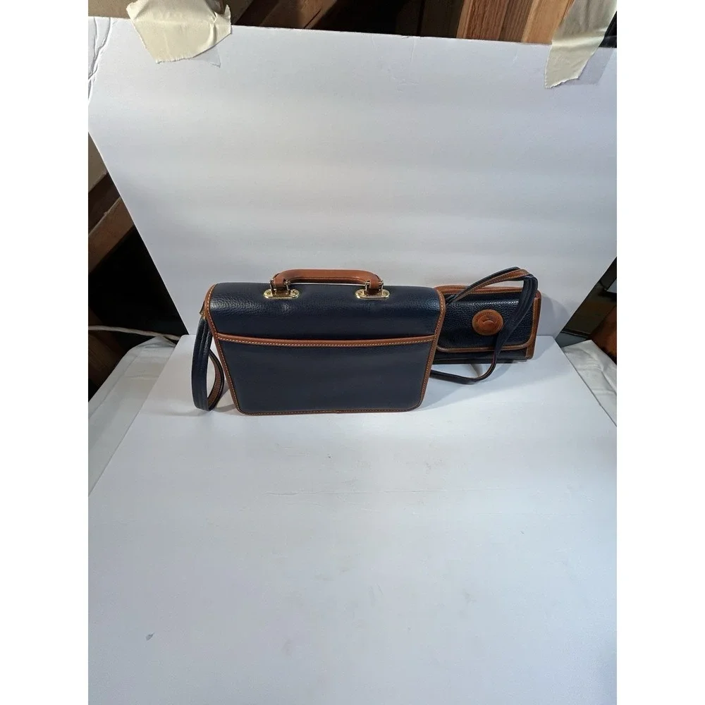 Dooney & Bourke AWL Navy Tan Leather Satchel Briefcase Crossbody + Wallet USA